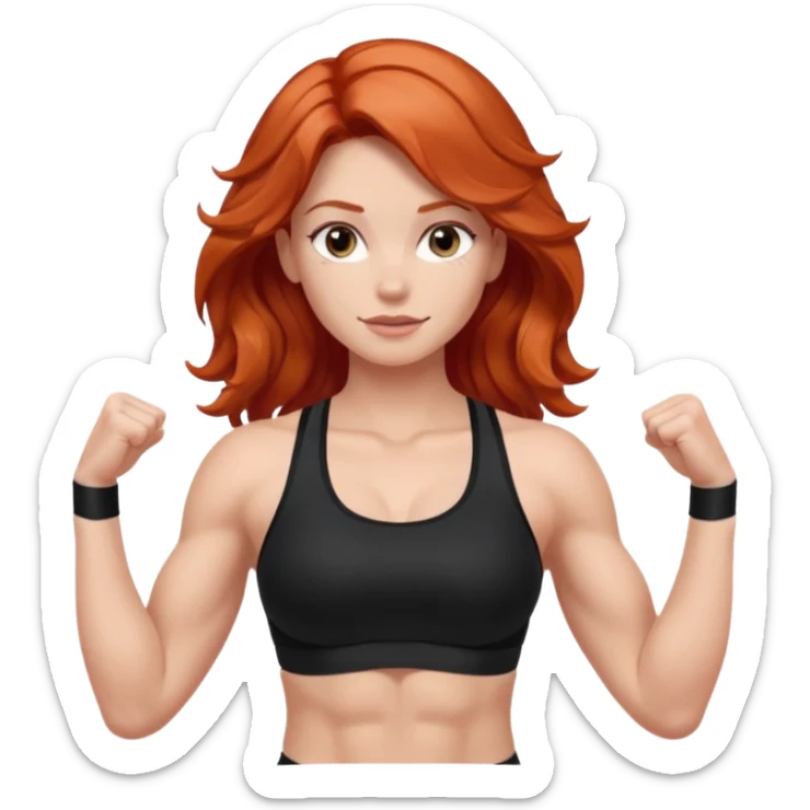 Athletic girl with long light red wavy hair and smaller boobs bigger arms. middle part and black sports bra sticker