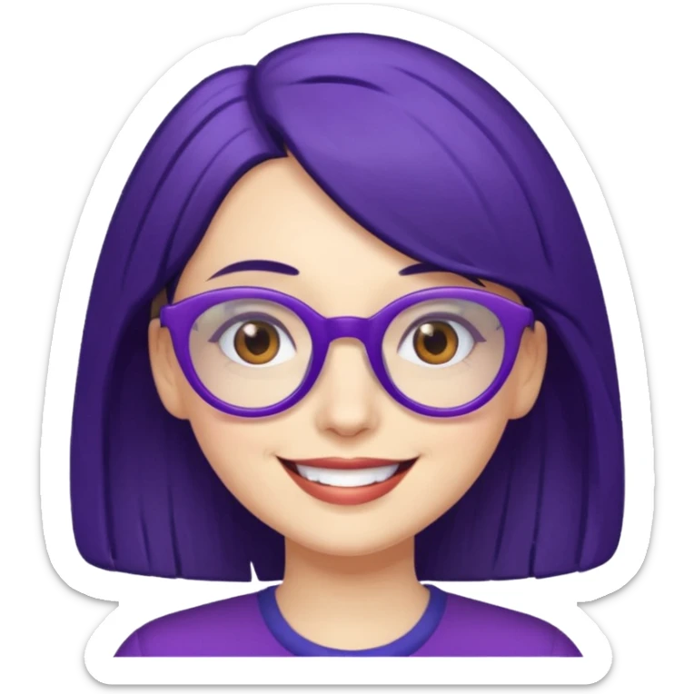 Cartoon adult woman with purple glasses, brown eyes, and dark blue medium length hair sticker