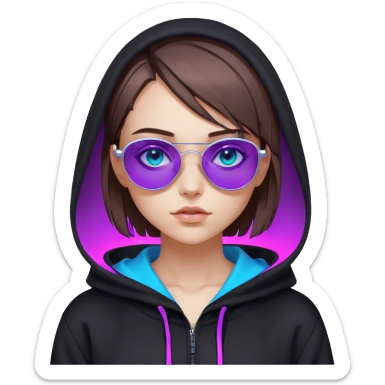 
girl with brown bob and blue eyes in a black hoodie and sunglasses. Cyberpunk style. Violet neon. sticker