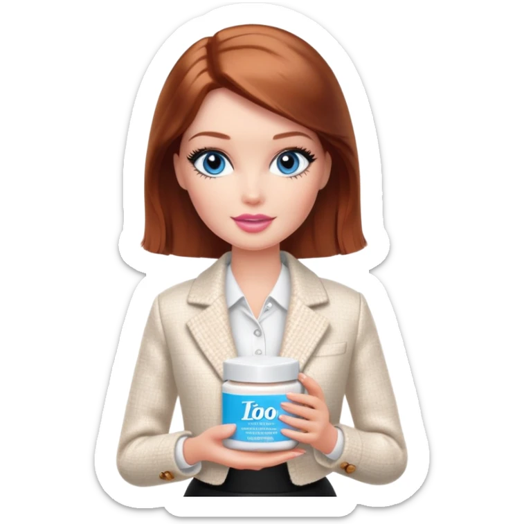 A Barbie girl with blue eyes, shoulder-length reddish-brown hair with makeup, wearing a white tweed jacket and a black skirt, holds pale beige body moisturizer cream pot sticker