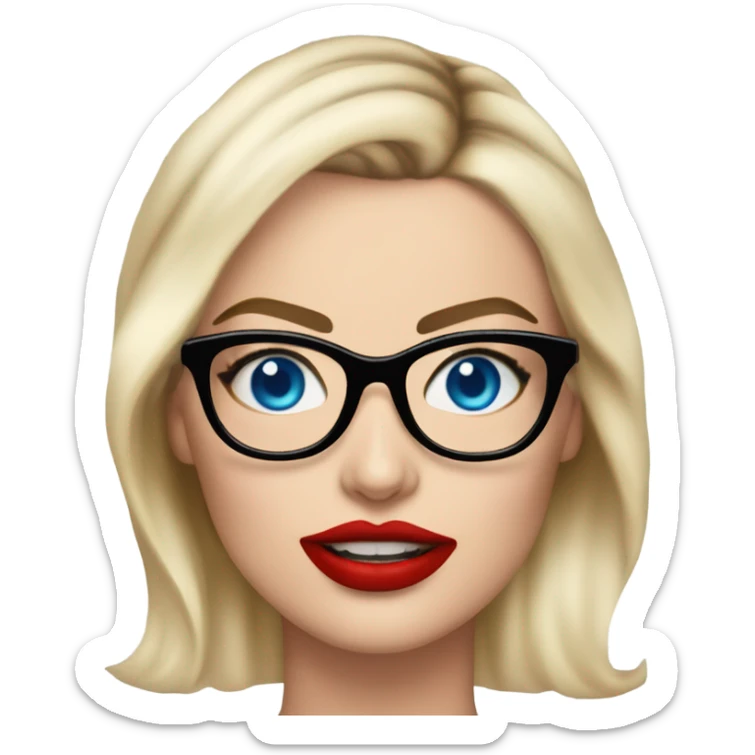 Margot Robbie, bright blue eyes, red kisses, wearing black glasses  sticker