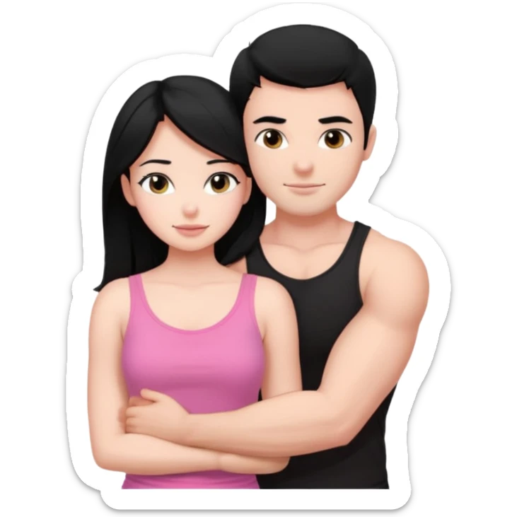 a pretty bratz fair girl. black hair, wearing a pink cami top, she is hugging a handsome fair guy with black hair. lean but muscular.the boy is wearing a black tshirt sticker
