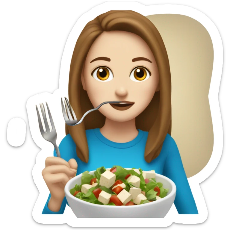 White girl Brown hair blue eyes freackles eating Tofu salad with fork sticker