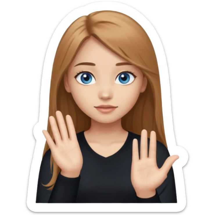 A girl with long eyelashes, long light brown hair, blue eyes, with her palm up. with black undershirt sticker