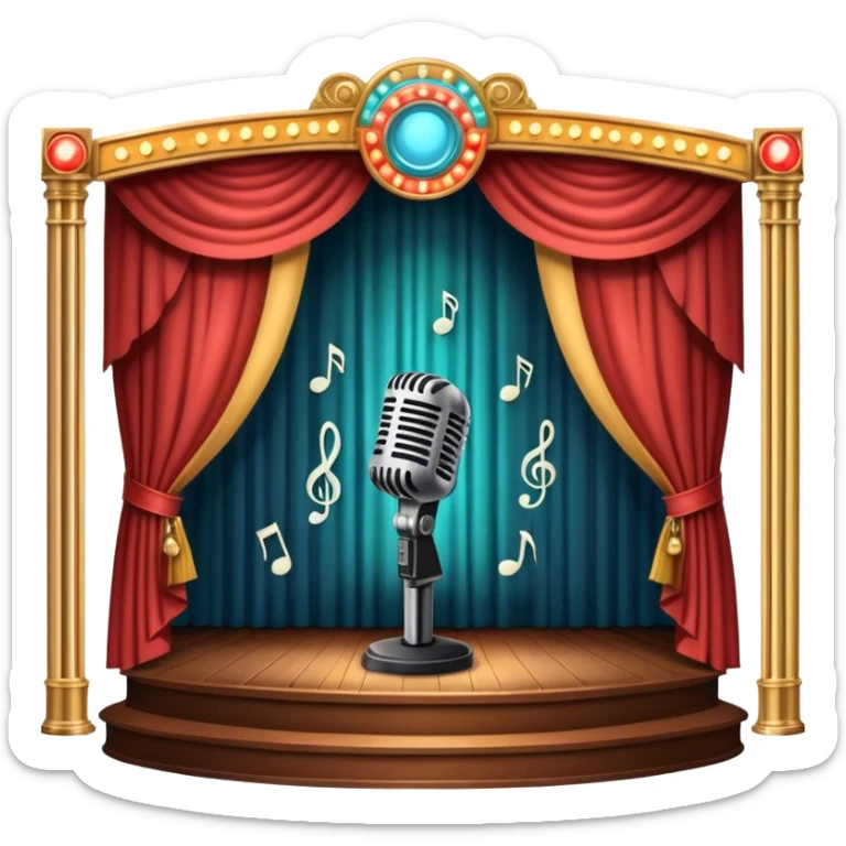Icon for 50s American Musical Theater: a retro stage with neon lights, a classic microphone, musical notes, vintage theater curtains, and Broadway-style elements. Avoid focusing solely on the piano. Transparent background. sticker