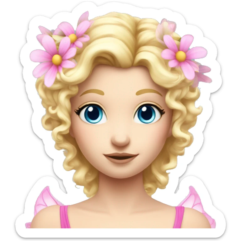 Fairy, a blonde hair with blue eyes and a pink dress with sparkly wings. Flowers. White wings. The fairy has long, curly hair with a lot of volume sticker