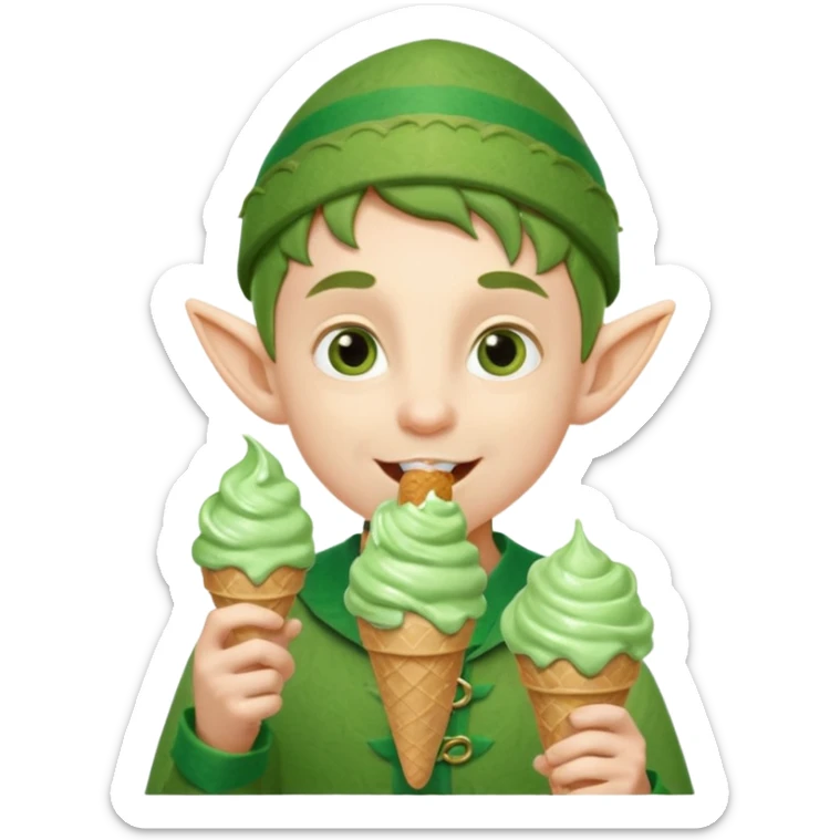 
A young elf boy in leafy clothes licking a triple-scoop ice cream with wide eyes.

 sticker