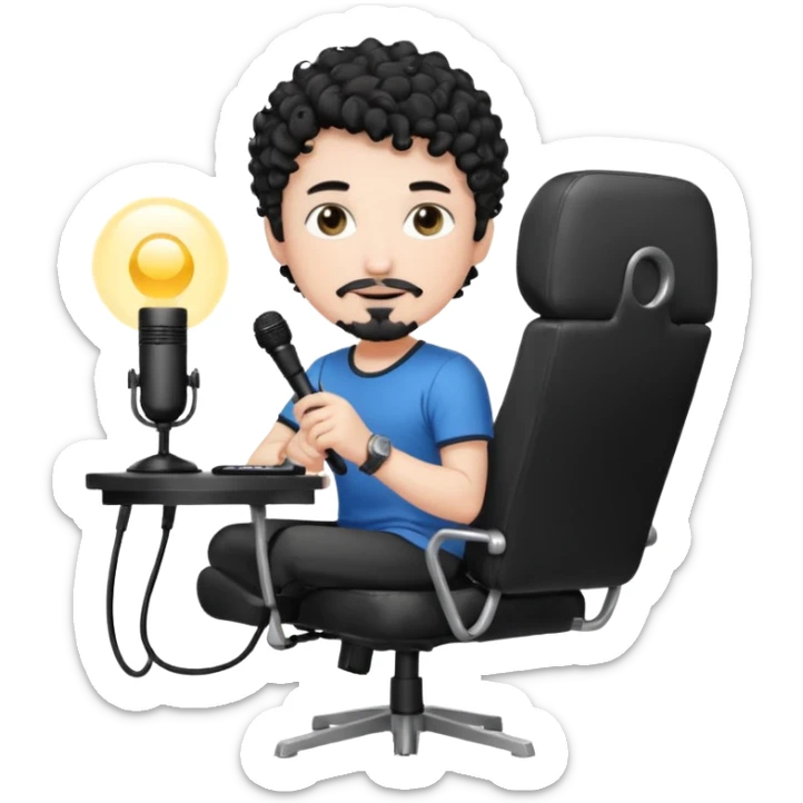 a setup of a youtuber his blach curly short hair, white skin, a thin goatee, with a desktop pc on a table, a gaming chair, microphone, ring light sticker