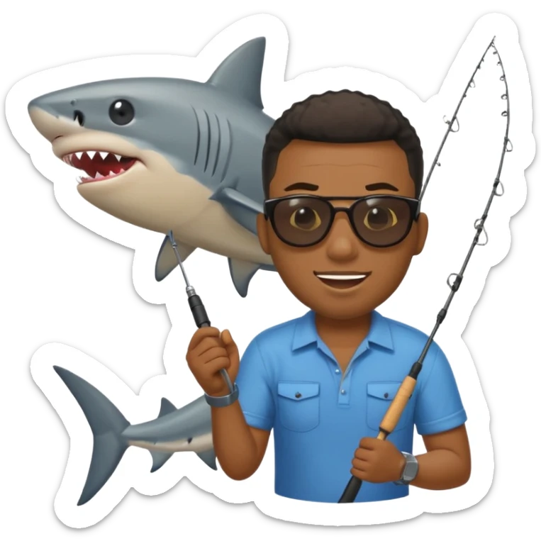Black man reeling in a shark with a fishing pole, emoji style sticker