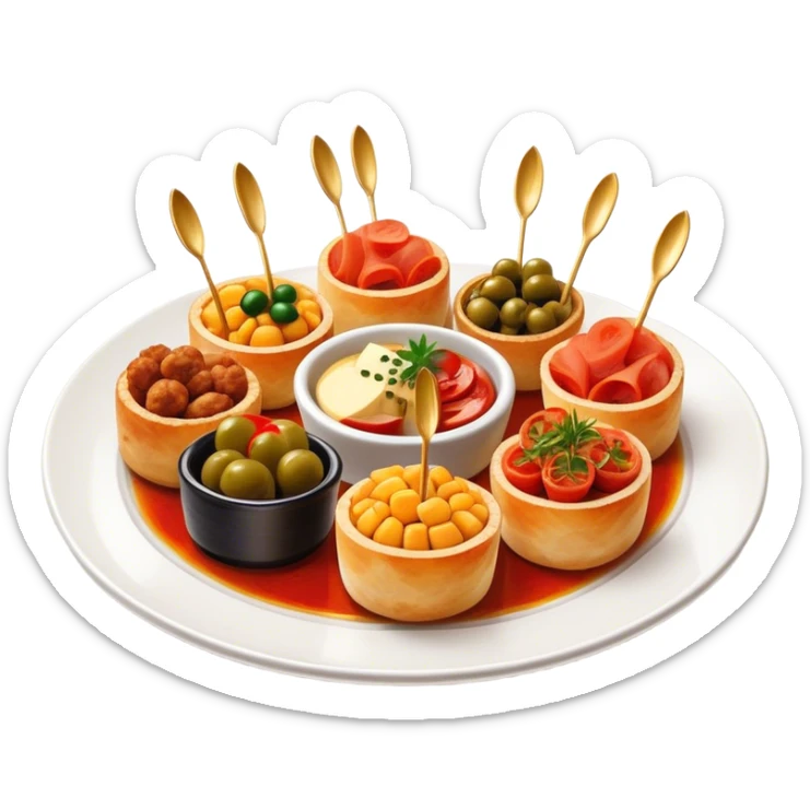 Tapas (4 Pintxos) Cinematic Realistic Tapas Dish Emoji, depicted as an assortment of 4 pintxos elegantly arranged on a plate, rendered with lifelike textures and vibrant, inviting lighting. sticker