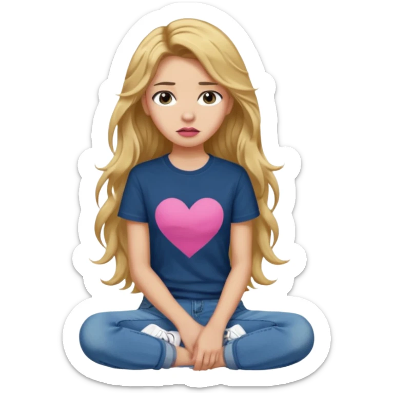 > 14-year-old girl, 161cm, slender, long wavy golden hair, tan skin, full pink lips, long lashes, thick eyebrows, dark blue t-shirt, faded jeans, black sneakers, quiet sadness in her expression, soft moody lighting, ultra-realistic portrait. sticker