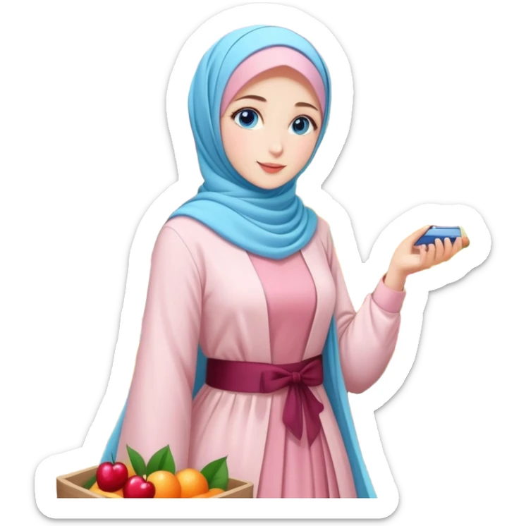Turkish beautiful finish Konya girls blue eyes with lovely cherry blossom hijab long tail dress and the friends shopping in a market fruits sticker