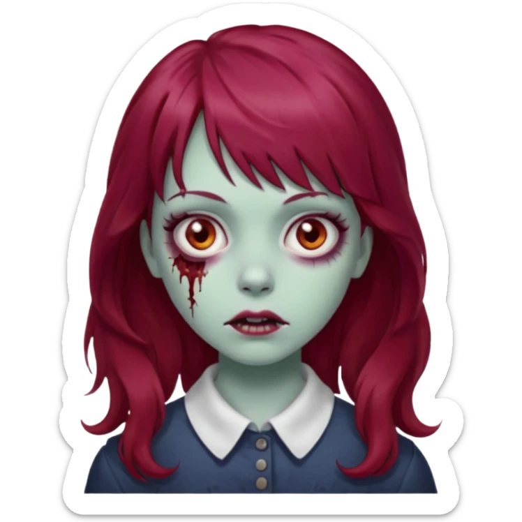 Uma zumbi garota com cabelo vermelho vinho ondulado e grande e franja grande reta sticker