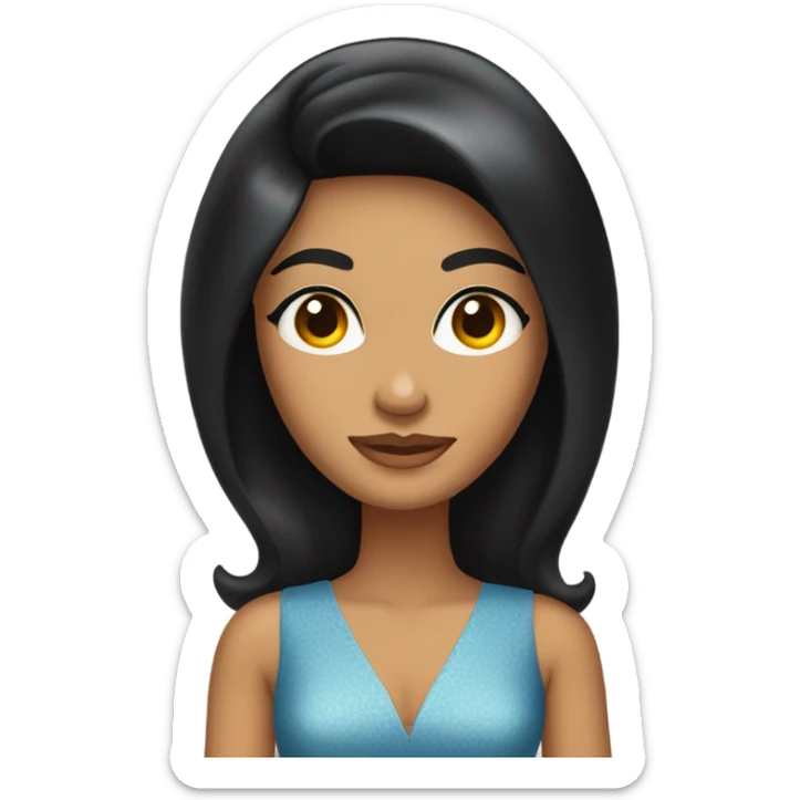 Tanned woman with long black hair wearing 1960s style dress and hair sticker