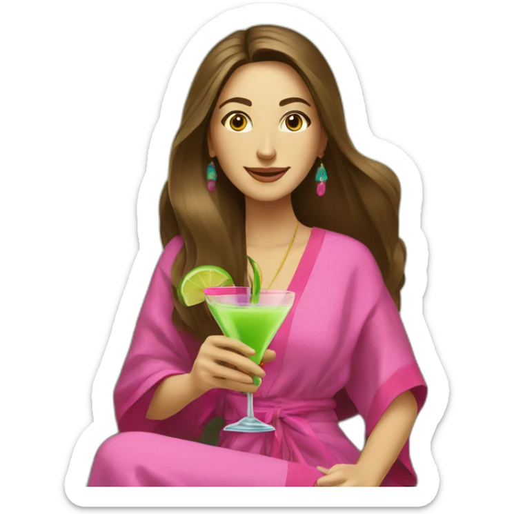 Caucasian woman with long brown hair sitting on a brown couch in front of a light green wall in a colorful caftan holding a pink cocktail sticker