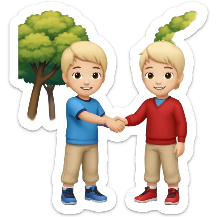 A cute 4-year-old Japanese boy with a big proud smile, shaking hands with another boy to make up after a fight, in a sunny park. Toys on the ground, both looking happy and relieved, warm friendship vibe, cartoonish style, vibrant colors, high detail. sticker