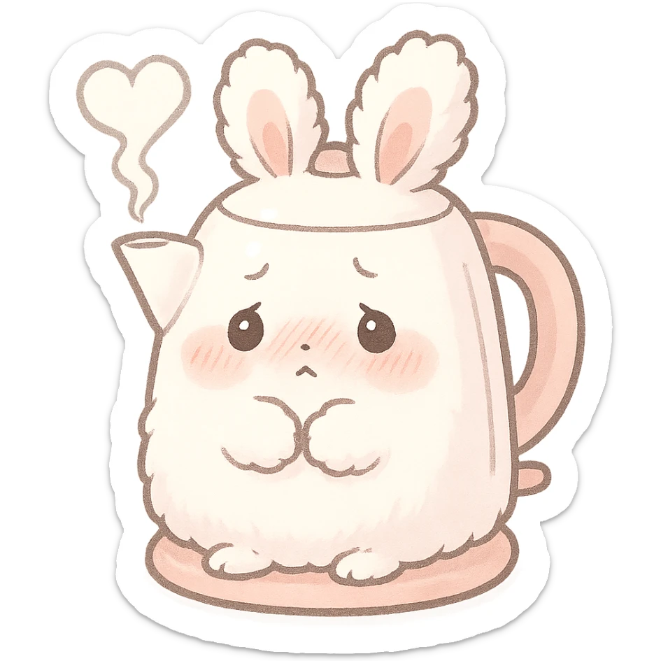 cute kawaii electric kettle bunny, shy and fluffy, steam heart, pastel white and pink, full-body sticker