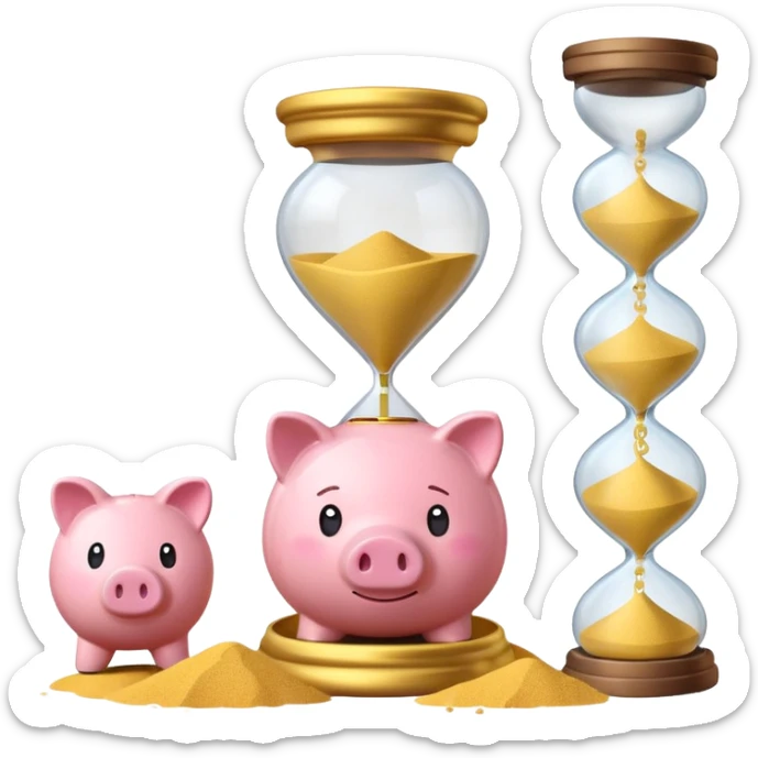 A minimalist emoji-style icon: A stylized piggy bank with a coin dropping into it, next to an hourglass. The hourglass symbolizes time and long-term savings for retirement. Simple shapes, flat bright colors, emoji-like design. sticker