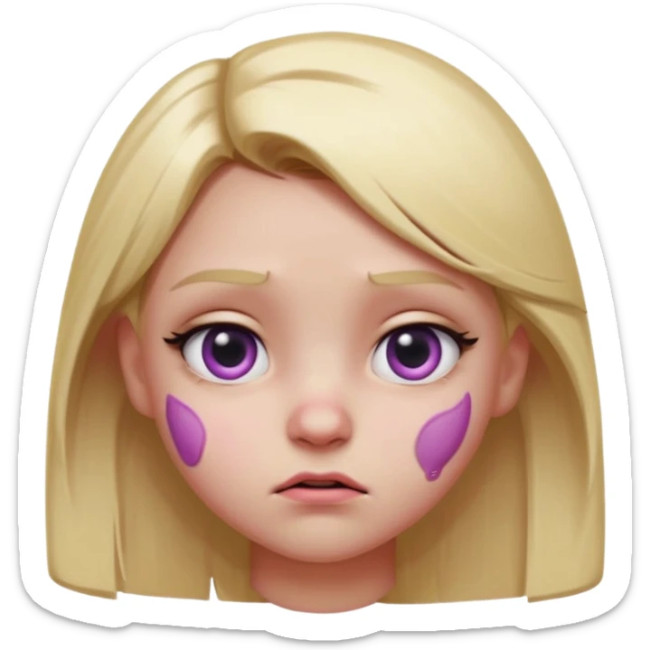 Blonde girl emoji, head and slight shoulders visible, one eye bruised pink and slightly swollen (cartoon black eye), soft pink-purple bruise shading around eyelid, cute but annoyed expression, glossy smooth 3D emoji render, centered composition, clean lighting, white or transparent background. sticker