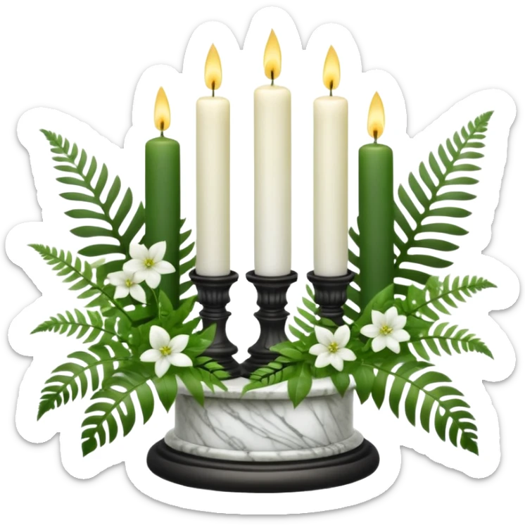 Aesthetic scene of Candles white and with flowers and marble pedestals and lush vines and ferns sticker