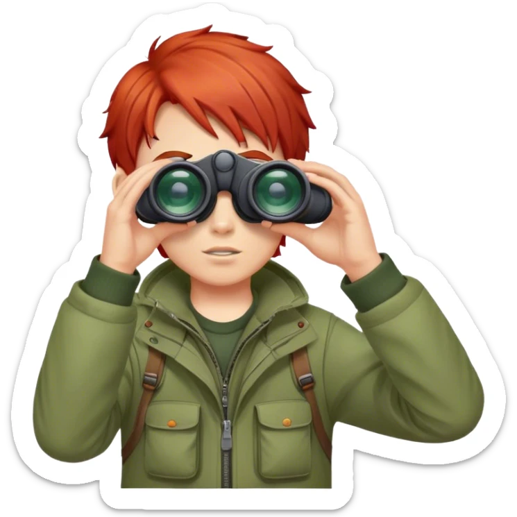 smiled boy's outdoor clothes whit red hair with binocular and white background  sticker