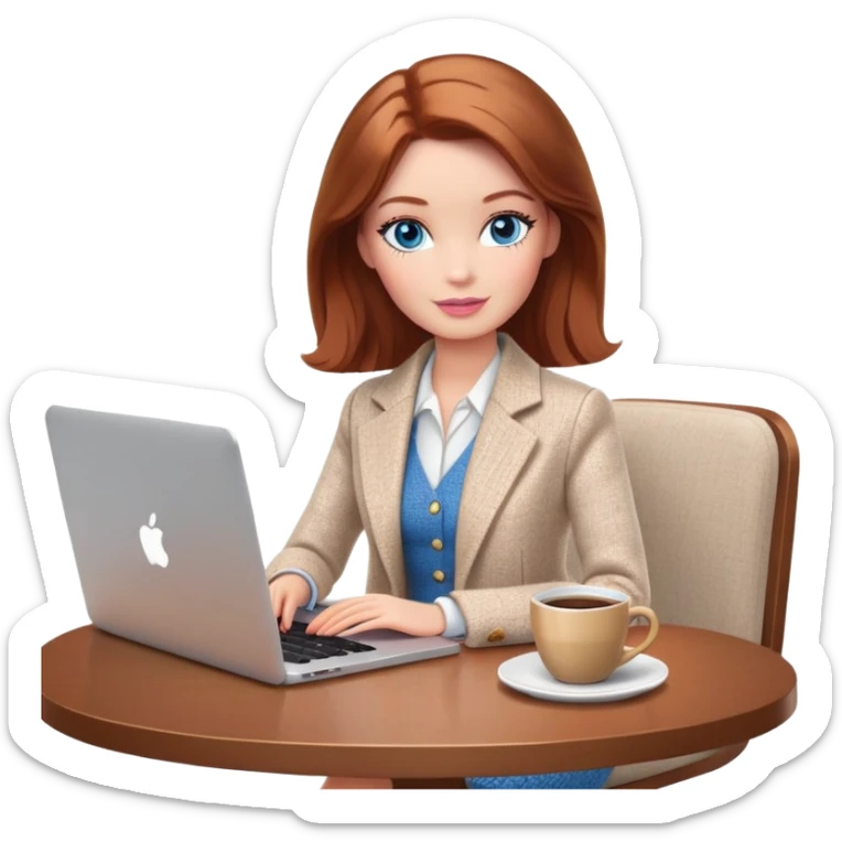 A Barbie girl with blue eyes, shoulder-length reddish-brown hair, made-up, wearing a white tweed jacket and beige skirt, is sitting at a table with a MacBook and a cup of coffee sticker