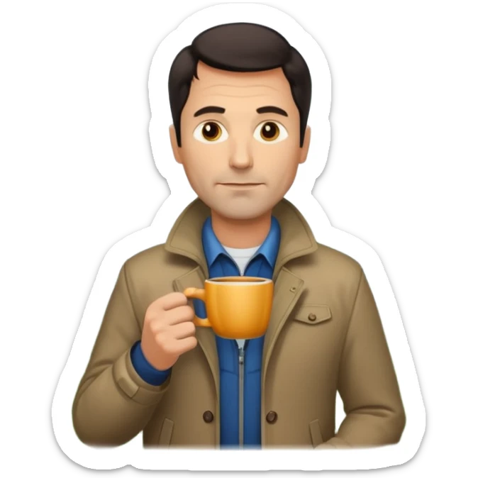 A handsome 45 year old white man with dark hair in a very foggy park drinking a cup of coffee sticker