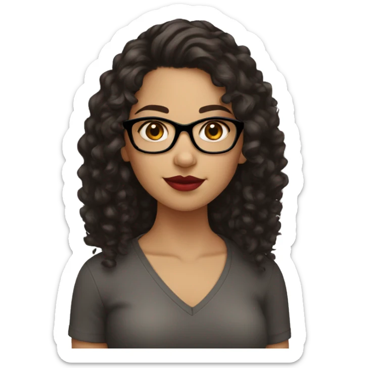 syrian girl, really dark brown hair, curly hair, dark brown eyes, black glasses, red lips. sticker