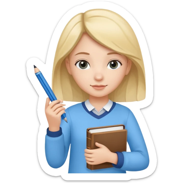 cute girl, glass, smart, Sky-blue colored clothing,
holding a book in one arm and a pen in the other hand.Holding a pen in the right hand as if teaching. sticker