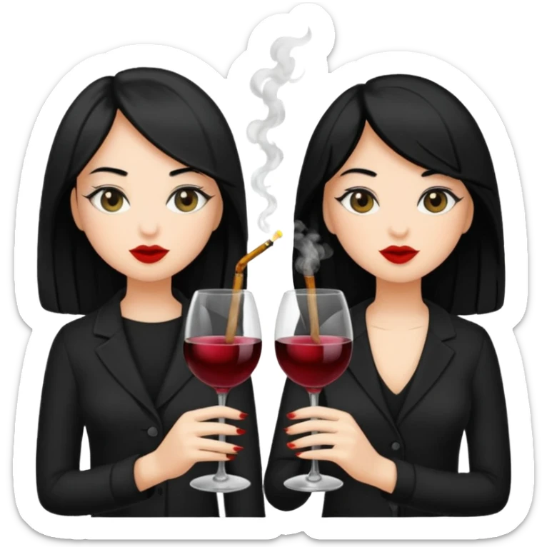 2 girls in black 1 smoking and 1 drinking wine both black hair  sticker