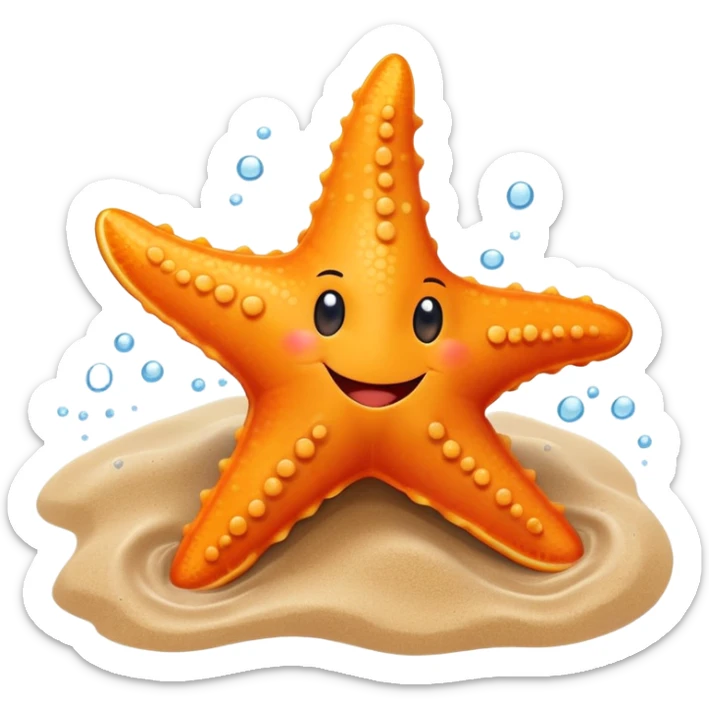 An orange starfish with a happy face smiles as it gently moves along the ocean floor sticker