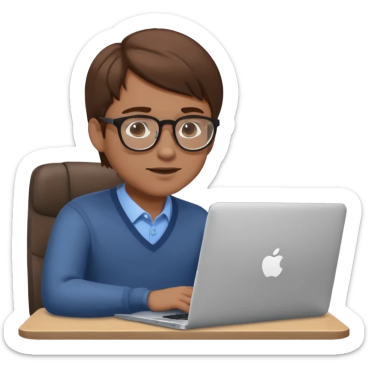 memoji of a man with a laptop in front, apple-style,modern,brown hair light skin ton and natural emotion looking on his pc sticker