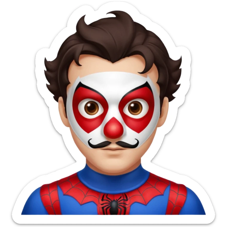 Create a man with brown eyes and dark hair into Spider-Man and a clown nose sticker