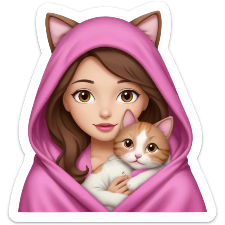 girl with long wavy brown hair, brown eyes, long lashes makeup, sexy pink lips, light to medium complexion, wearing a pink sexy silk top, big blanket over the head cozy holding a cat sticker