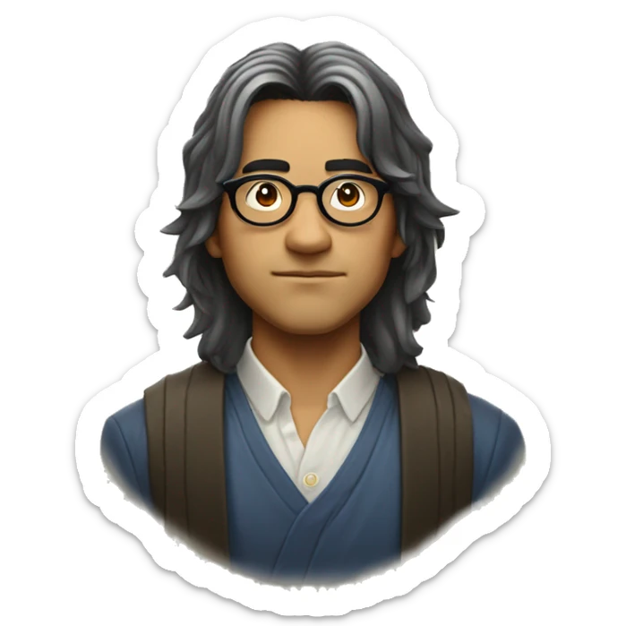 A Brazilian man nerd with a mystical Japanese vibe, wearing round glasses and medium-length hair with bangs. The character should have a thoughtful or intelligent expression, reflecting a fusion of Brazilian and Japanese culture. sticker
