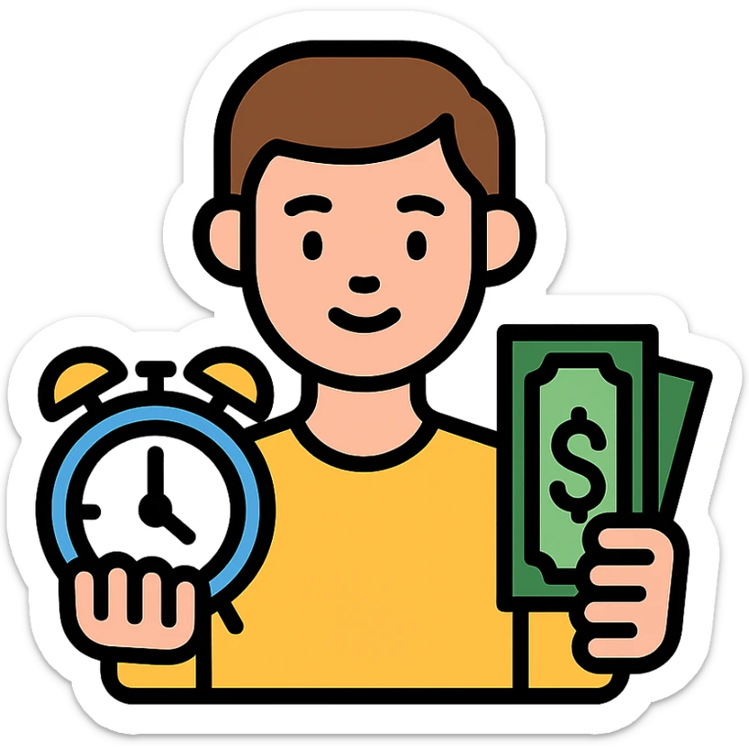 A man with short brown hair holding an alarm clock and money sticker