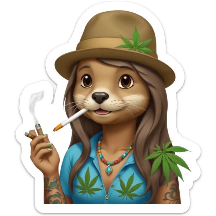 a female otter with long hair smoking a joint surrounded by marijuana fumes. a bit california hippy vibe, with tattoos sticker