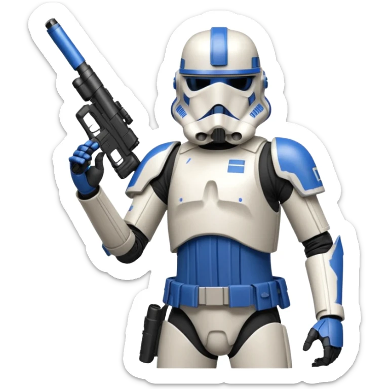 A starwars 501st clonetrooper with rally makes on the helmet holding his blaster in his left hand aiming the gun up with elbow bent so it’s not above the head sticker