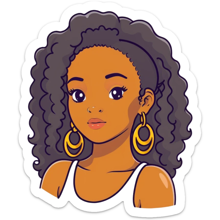 pretty black girl with long curly hair wearing gold hoop earrings and accessories sticker