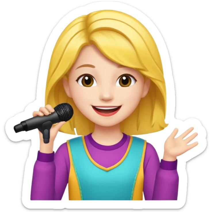 A cheerful teen singer with colorful outfit, performing with big smile.
 sticker