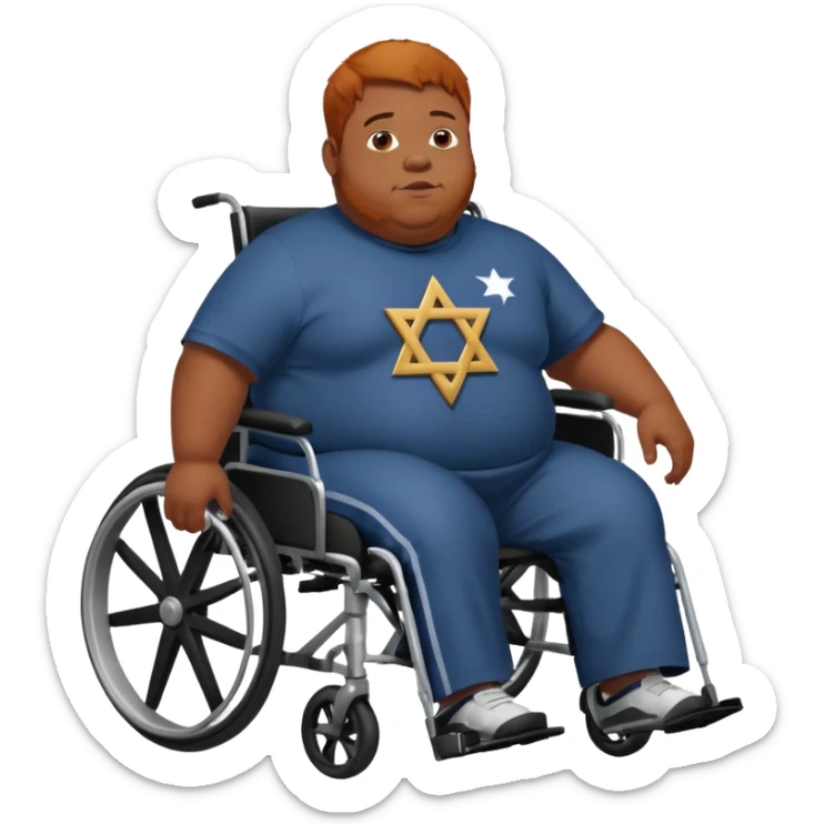 Obese Down syndrome black man with ginger hair in a wheelchair with a Jewish symbol  sticker