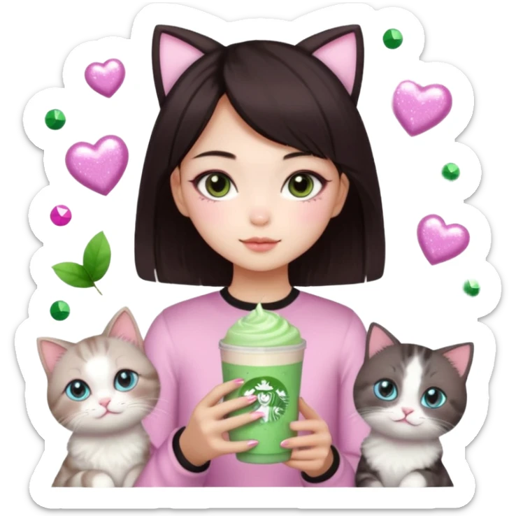 asian girl with short dark brown hair with a soft girl pink glowup aesthetic. matcha latte sparkles girly things, 2 ragdoll cats, skincare, makeup, money, luxury sticker