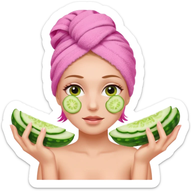 Girl with pink towel in hair cucumber slices on eyes  spa sticker
