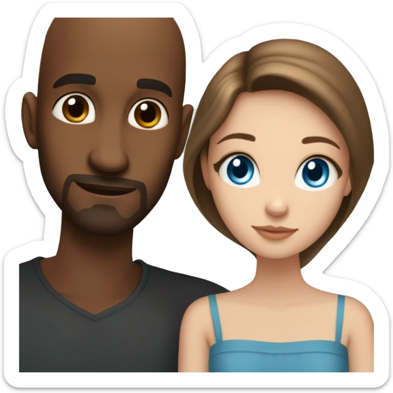 Beautiful Girl with blue eyes and long brown hair and boy with brown hair cuddling, Bald black man with goatee  sticker