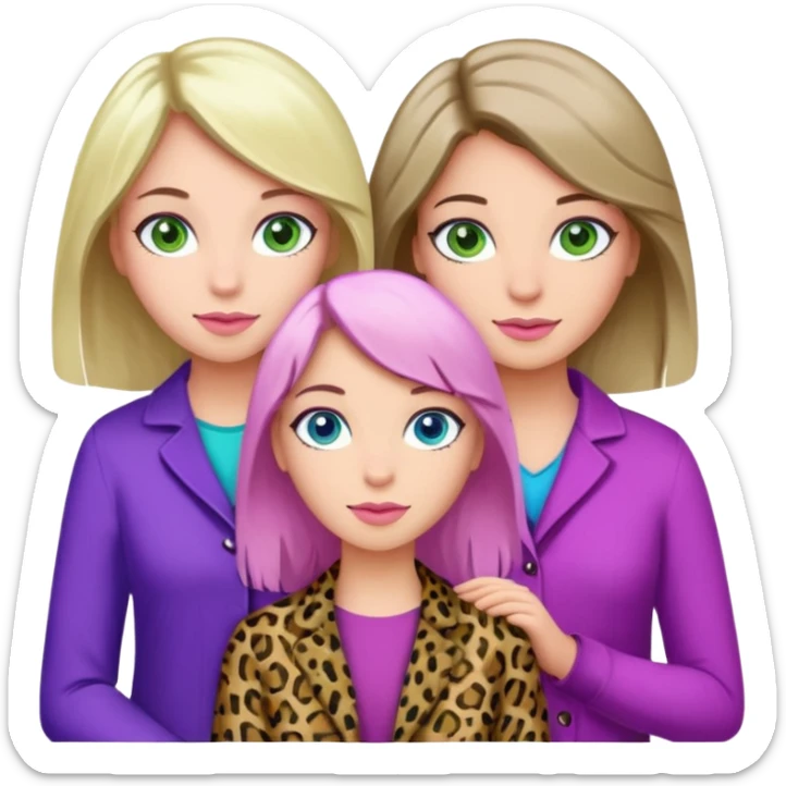I want a brunette girl who really likes pink and leopard print, another blonde with blue eyes who likes blue, and another with light brown hair, green eyes, and purple and green colors. All together.   sticker