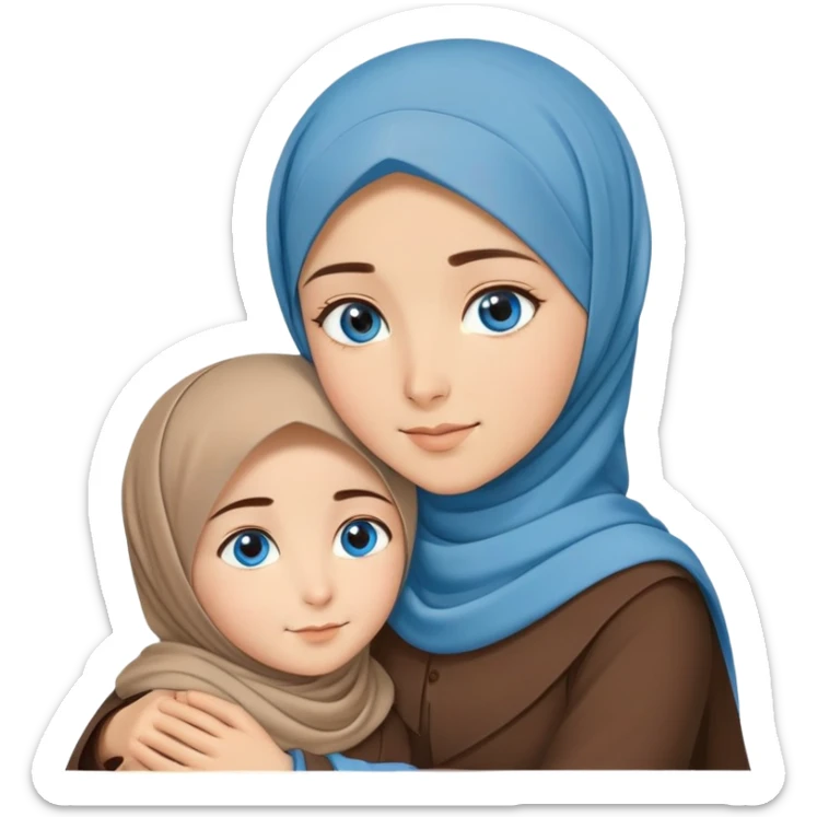 Turkish beautiful finish Konya girl blue eyes with brown beige hijab islamic dress and hugs with big boy brother  sticker