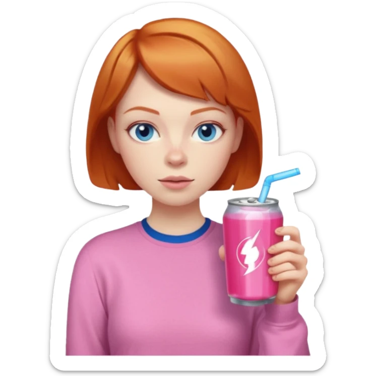 ginger woman short hair, pink shirt, sipping energy drink blue eyes cosy  sticker