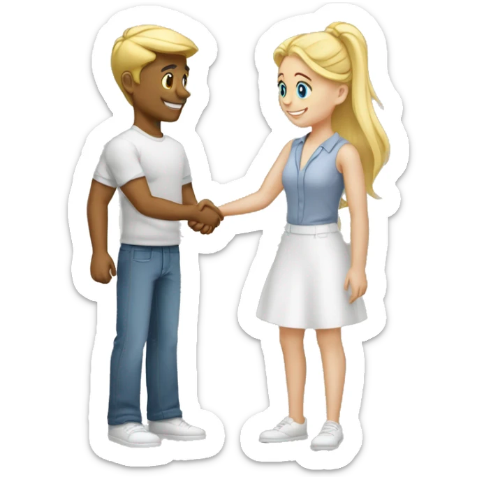 A 40-year-old fair-skinned entrepreneur shakes hands with an 18-year-old fair-skinned blonde girl, full-length emoji sticker