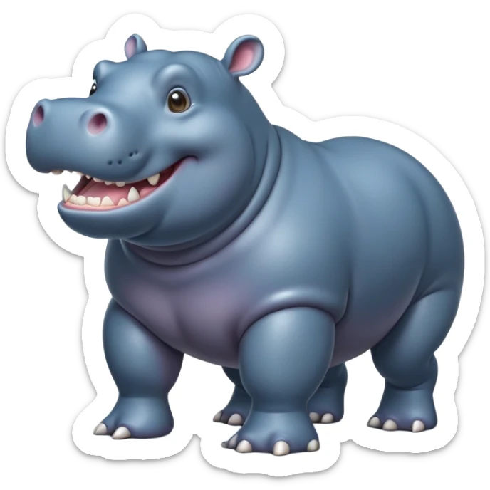 cinematic-hippo-realistic-full-body-side-view-standing-on-all-fours-emoji,-massive-round-frame,-wide-mouthed-grin-exposing-huge-teeth,-head-tilted-dramatically,-thick-greyish blue-hide-glossy, big cute eyes sticker