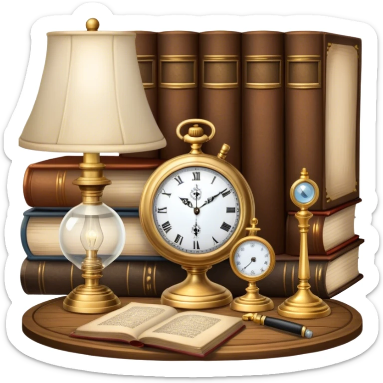 Icon for Antiques Collecting: a vintage pocket watch, an old ornate lamp, and a porcelain figurine, all placed on a wooden table surrounded by aged books and a magnifying glass. The icon should evoke the elegance and history of antique collecting. Transparent background. sticker